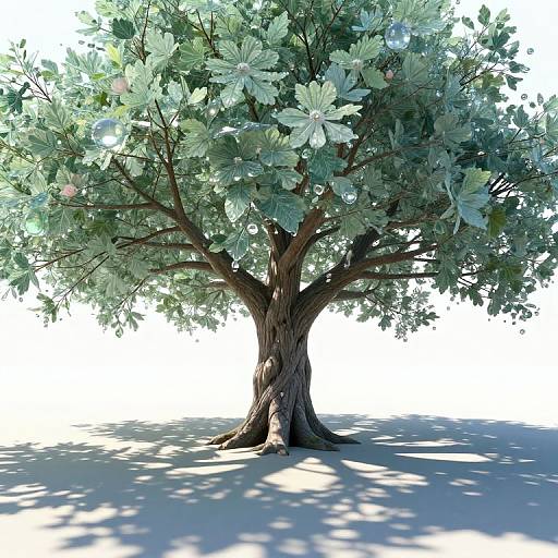 Photorealistic digital illustration of a large, leafy tree with a twisted trunk casting intricate shadows on a white background.
