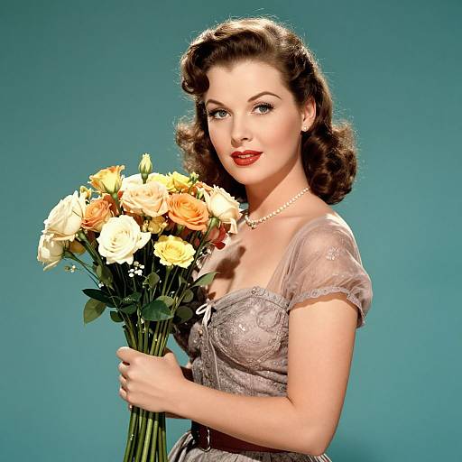Vintage-style photograph of a fair-skinned woman with red lipstick, brown wavy hair, holding a bouquet of yellow and white roses, wearing a lace