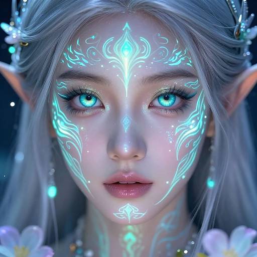Digital art of a glowing, ethereal elf woman with silver hair, blue eyes, luminescent tribal patterns on her face, pointed ears, and