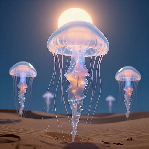 Photograph of glowing jellyfish with translucent, orange-lit bell and long, flowing tentacles, floating above a sandy desert under a bright, full