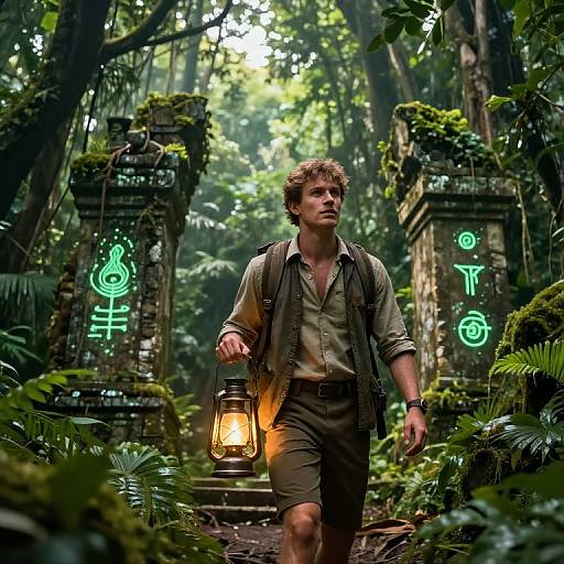 Photograph-like CGI: Curly-haired man in green shirt and brown shorts, carrying lantern, walks through lush jungle with glowing neon symbols on moss-covered