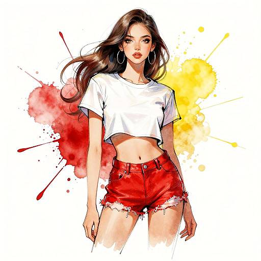 Digital illustration of a confident woman with long brown hair, wearing a white crop top and red, frayed denim shorts, with vibrant red and yellow spl