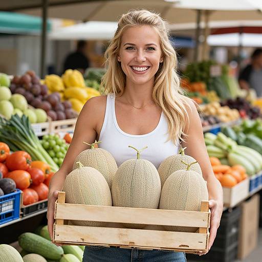 Blonde woman with wavy hair, white tank top, smiling, holding wooden crate with four melons at colorful farmer's market.