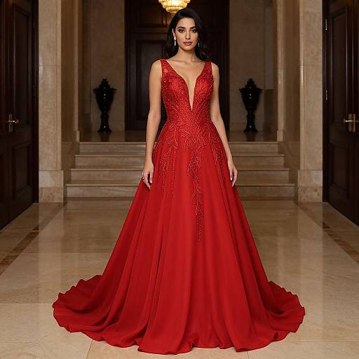 Photograph of a beautiful woman with long black hair in a deep red, sleeveless, V-neck ball gown with intricate embroidery, standing in a grand