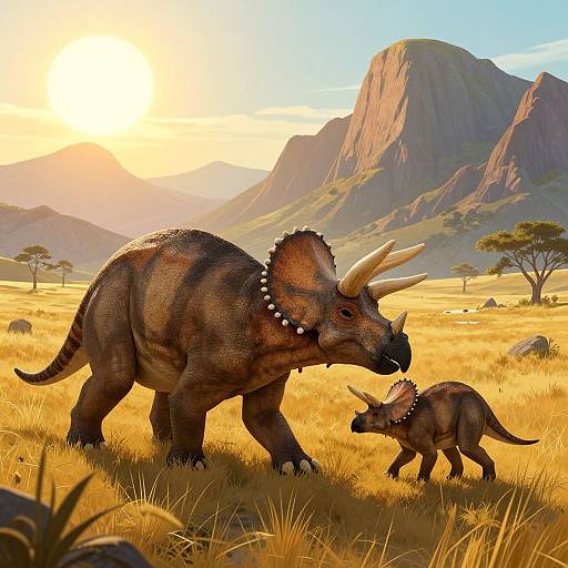 Photorealistic digital artwork of a large, dark-scaled, horned dinosaur with a spiked collar walking in a golden savanna, accompanied by a