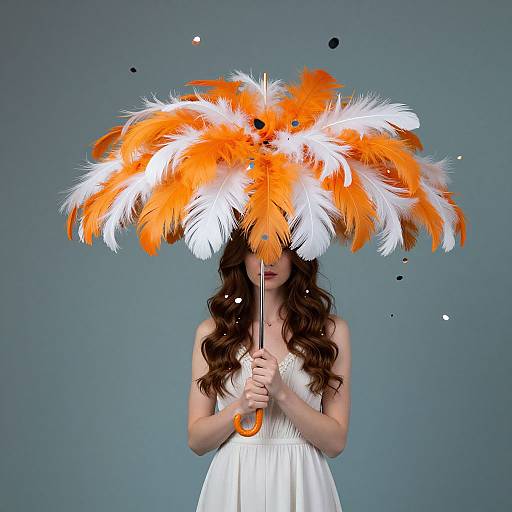 Photograph of a woman with long brown hair, wearing a white dress, holding an orange and white feathered umbrella against a gray background.