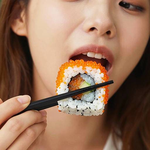 Close-up photo of an Asian woman with brown hair, mouth open, eating a bright orange-topped sushi roll with black chopsticks.