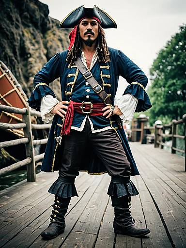 Man in Authentic Pirate Costume Standing on Pier