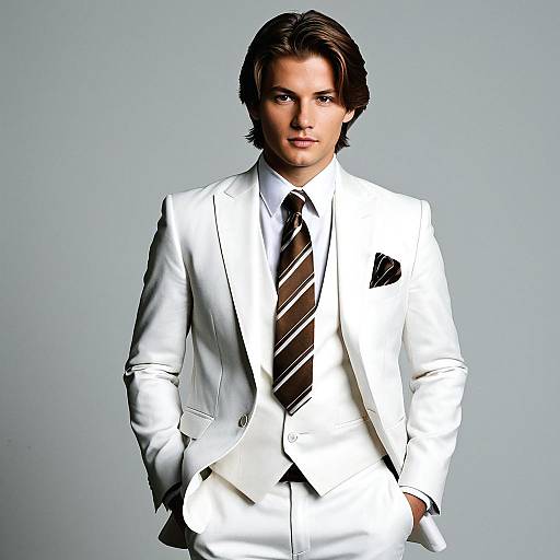 Young man in white formal suit with brown tie