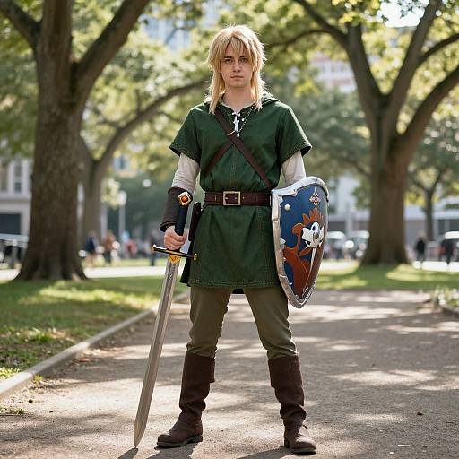 Photograph of a blonde, fair-skinned young man in medieval fantasy armor, holding a sword and shield, standing on a sunlit park path.
