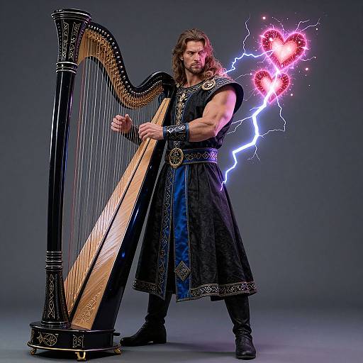 Photograph of a muscular man with long brown hair playing a black, gold-trimmed harp, with lightning and glowing pink hearts behind him.