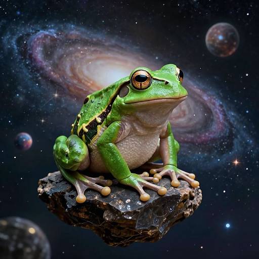 Digital artwork of a green frog with large, orange eyes, sitting on a floating rock, against a cosmic backdrop with galaxies and planets.