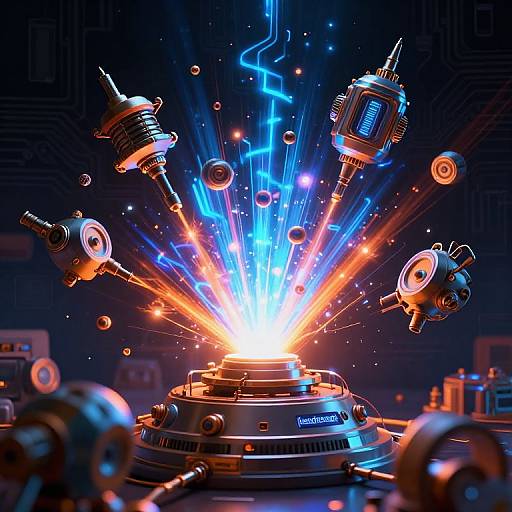 CGI image of a glowing, explosive robotic device in a dark, futuristic lab, surrounded by floating, sparking robotic arms and bright blue and orange energy