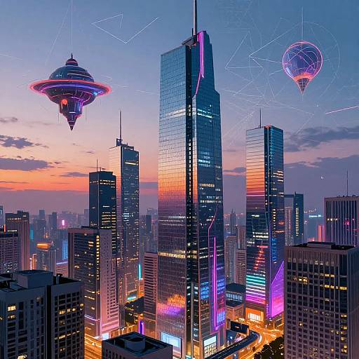 Digital artwork of a futuristic cityscape at sunset, featuring neon-lit skyscrapers, a hovering UFO, and a floating balloon with geometric lines.