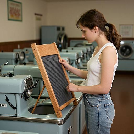 Woman with Vintage Washboard in Retro Laundry