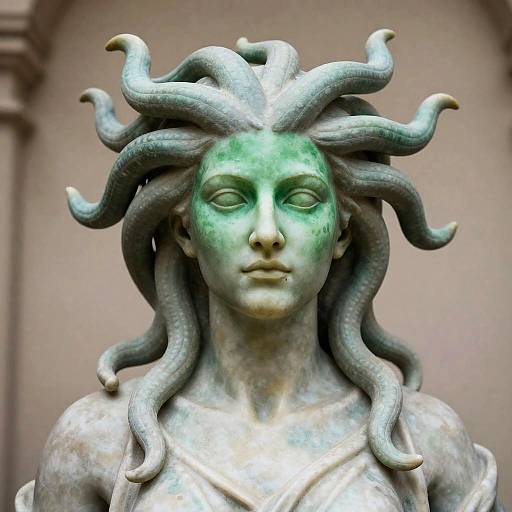 Photograph of a bronze statue featuring a serene female face with tentacle-like hair, green patina, and classical, mythological style.