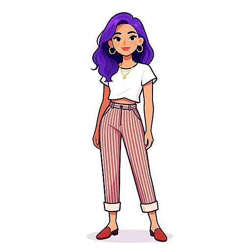 Digital illustration of a confident woman with vibrant purple hair, wearing a white crop top, red-striped pants, red shoes, hoop earrings, and a gold