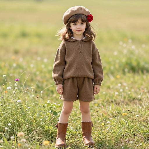 Photograph of a young girl with dark brown hair, wearing a brown sweater, shorts, beret with red flower, and brown boots, standing in