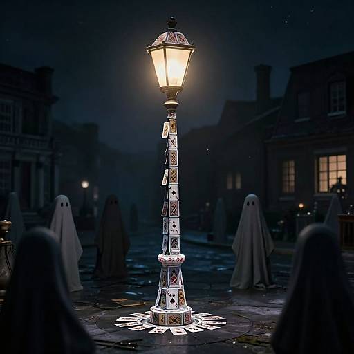 Photograph of a glowing, patterned streetlamp at night, surrounded by ghostly figures in white sheets, in a foggy, dimly lit
