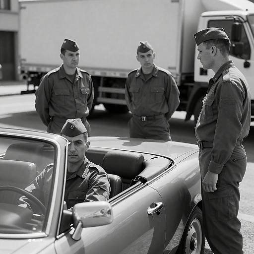 Black and White Military Personnel with Convertible Car