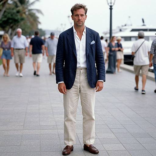 Photograph of a handsome, bearded man in a navy blazer, white shirt, and beige pants, standing on a bustling street. Background shows
