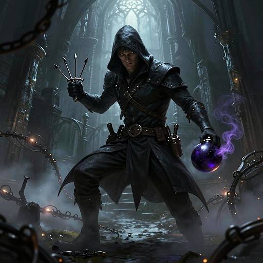 Dark fantasy digital art: hooded warrior with black armor and dagger in one hand, purple magical orb in the other, in a foggy, chain