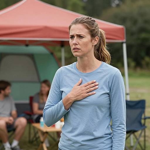 Concerned Woman Outdoors with Tent
