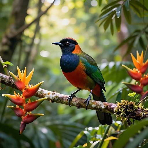 Vivid photograph of a male scarlet-browed tanager with black head, blue-green wings, red breast, perched on a branch with