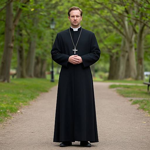 Photograph of a Caucasian male Catholic priest in black robe and white collar, standing on a tree-lined path, hands clasped, with a cross necklace