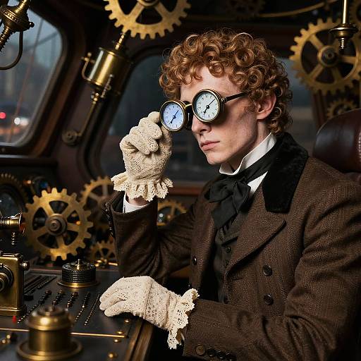 Steampunk portrait of curly-haired man in brown suit, white gloves, and goggles, adjusting clock inside gear-filled, dimly-lit machine.