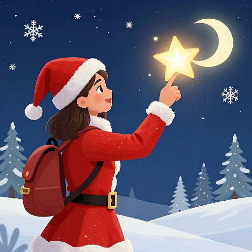Digital illustration of a smiling girl in a red Santa outfit, hat, and backpack, touching a glowing star under a crescent moon in a snowy,