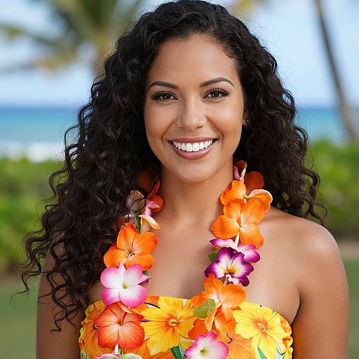 Photograph of a smiling, dark-haired woman with curly locks, wearing a vibrant, flower lei necklace, against a tropical beach backdrop.