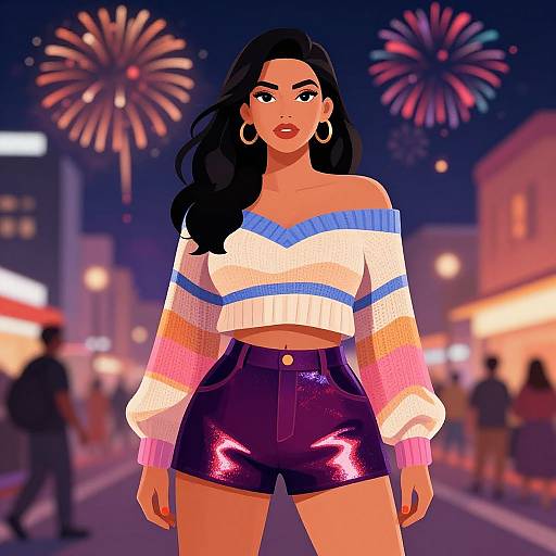 Digital illustration of a confident woman with long black hair, wearing a white off-shoulder sweater with blue stripes, and high-shine purple shorts,