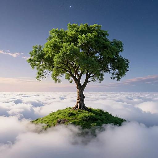 Photograph of a lone, lush green tree standing on a grassy island above a sea of fluffy white clouds under a clear blue sky.