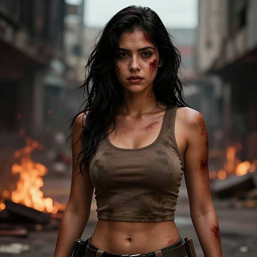 Photograph-style CGI of a bloodied, dark-haired woman in a torn, wet brown tank top, standing in a fiery, ruined urban street.