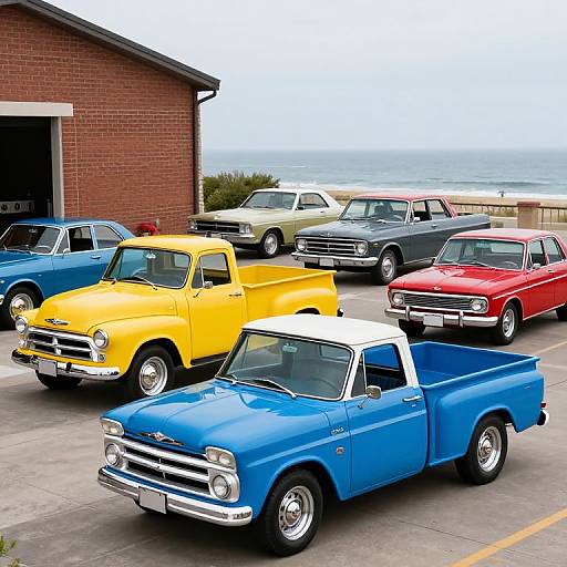 Photograph of a colorful collection of vintage trucks in a parking lot, including blue, yellow, red, and white models, with a brick building and