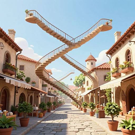 Sunlit, rustic courtyard with two intersecting, metal staircases, potted plants, arched windows, and terracotta roof tiles, under