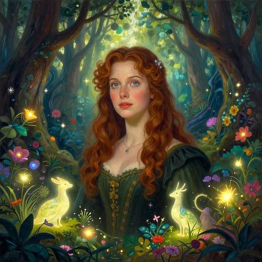 Digital fantasy portrait of a fair-skinned, red-haired woman with blue eyes, wearing a black dress, surrounded by glowing fireflies and colorful flowers in