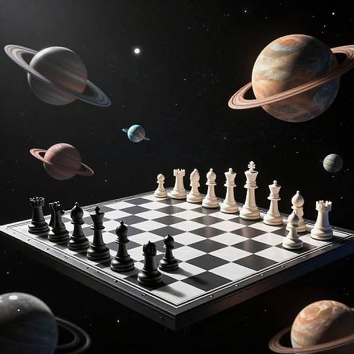 Digital artwork of a chessboard floating in space with black and white pieces, surrounded by planets, rings, and stars.