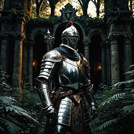 Valiant Knight in Ornate Armor at Ancient Temple