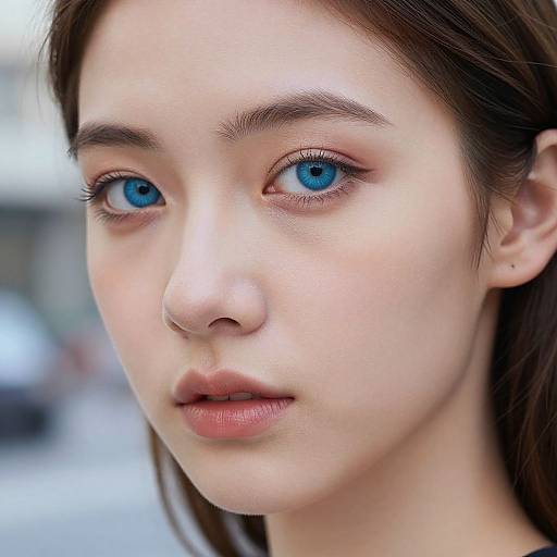 Close-up photograph of a young woman with fair skin, striking blue eyes, brown hair, and light pink lips, softly focused background.