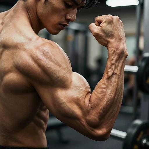 Photograph of a muscular, shirtless Asian man with defined biceps flexing his right arm in a dimly lit gym.