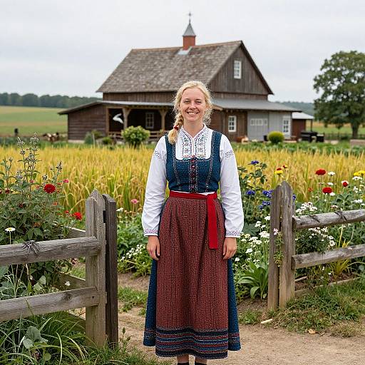 Photograph of a smiling blonde woman in a blue and red traditional Norwegian dress, standing in a vibrant garden with a wooden farmhouse in the background.