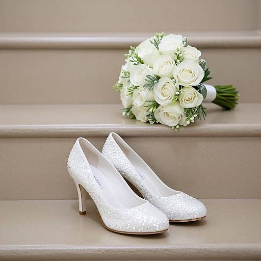 Photograph of sparkling white high-heeled shoes with a white rose bouquet on beige staircase steps, conveying elegance and romance.
