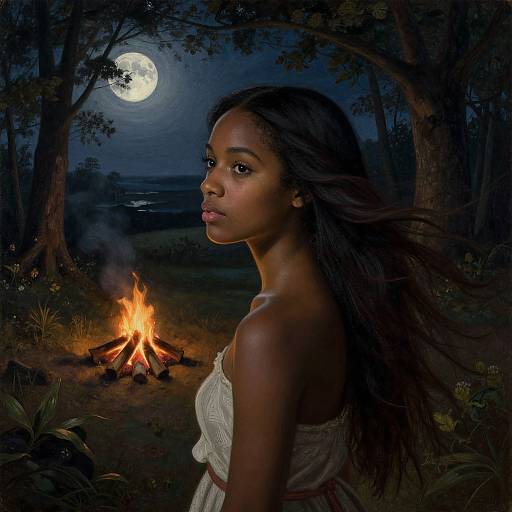 Photograph of a beautiful young Black woman with long dark hair, wearing a white sleeveless top, standing by a campfire under a full moon in