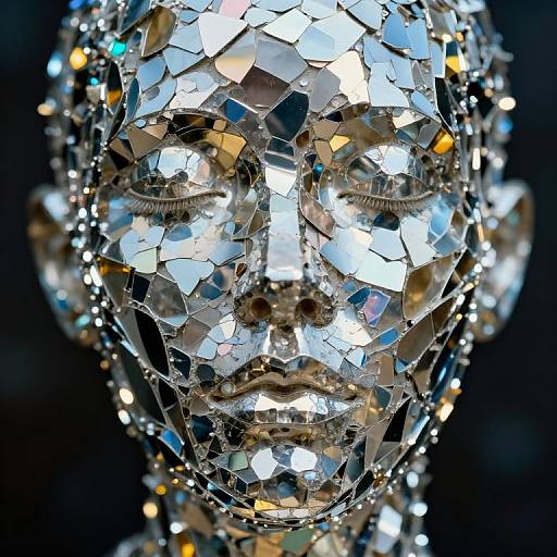 Photograph of a mosaic face sculpture made of reflective, multicolored glass tiles, capturing light and shadows, with a dark background.