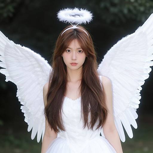 Photograph of an Asian woman with long brown hair, wearing a white angel costume with wings and halo, set against a dark, leafy background.