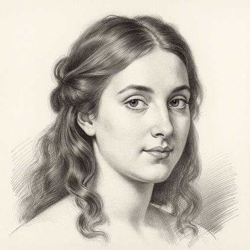 Black-and-white digital sketch of a young woman with wavy hair, fair skin, and subtle smile, facing slightly to the right.