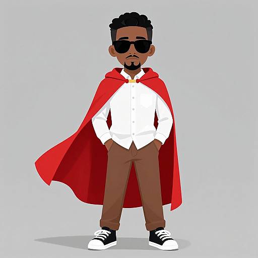 Cartoon-style drawing of a dark-skinned man with curly hair, beard, black sunglasses, white shirt, brown pants, red cape, and black