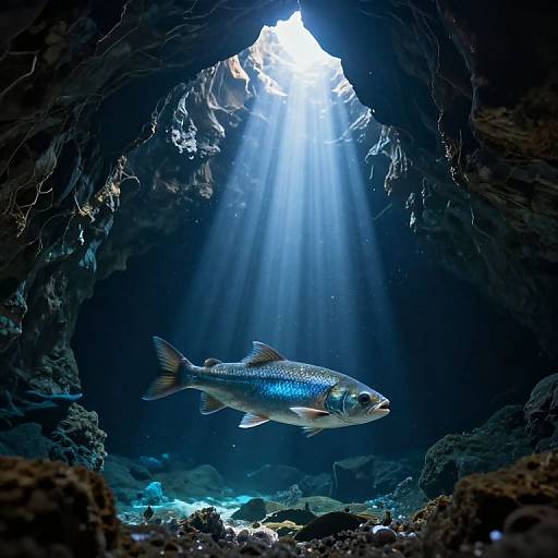 Photograph of a shimmering blue fish swimming in a dark underwater cave, illuminated by sunlight streaming through the rocky entrance.